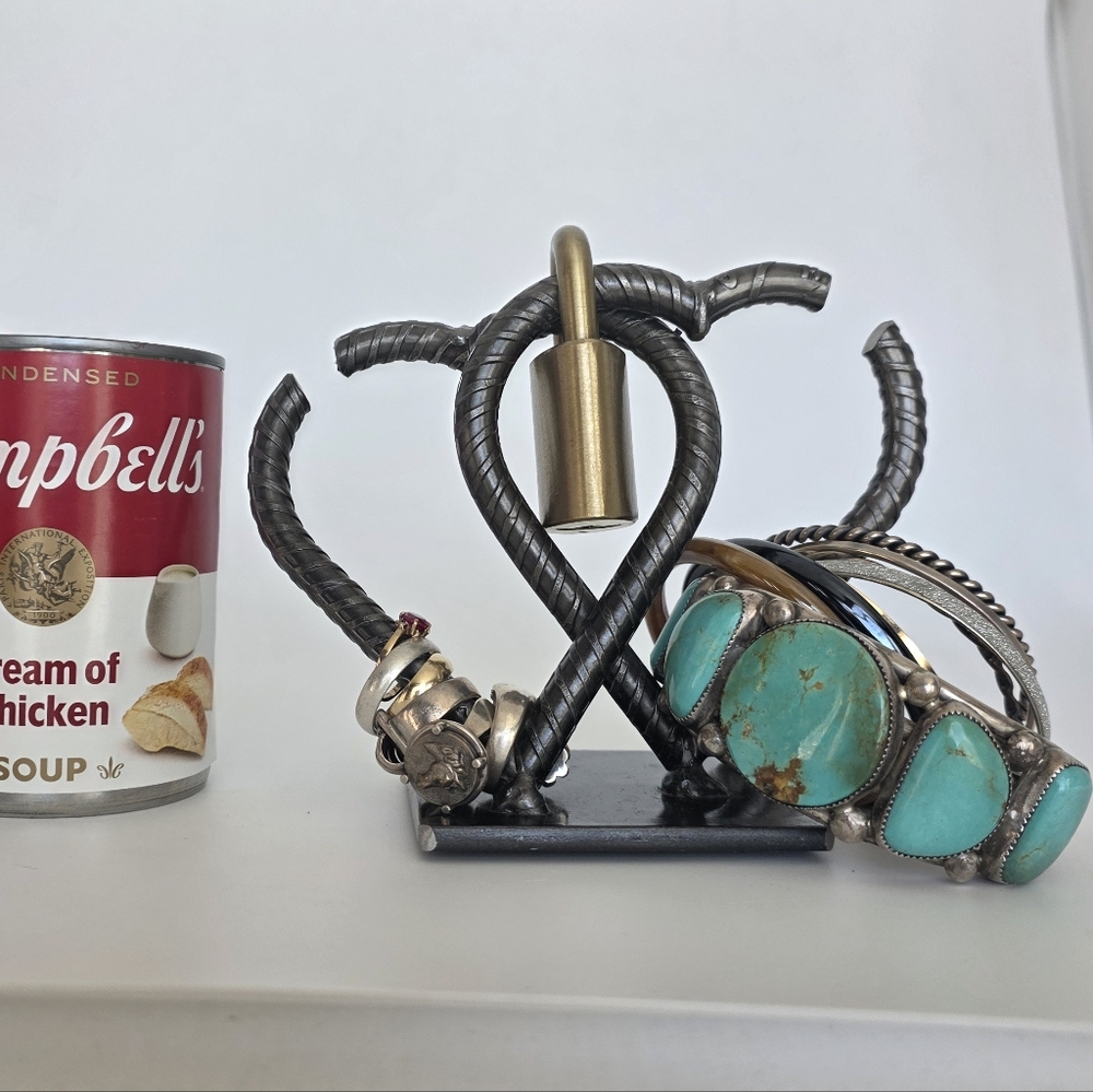 Handmade US Solid Steel Jewelry Stand Southwest Gas Brass Locked Double Hearts - Picture 12 of 12